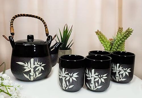Ebros - Juego de tetera de porcelana japonesa de bambú de la suerte negra y carbón, 20 onzas, sirve para 4 invitados con mango de madera de bambú y