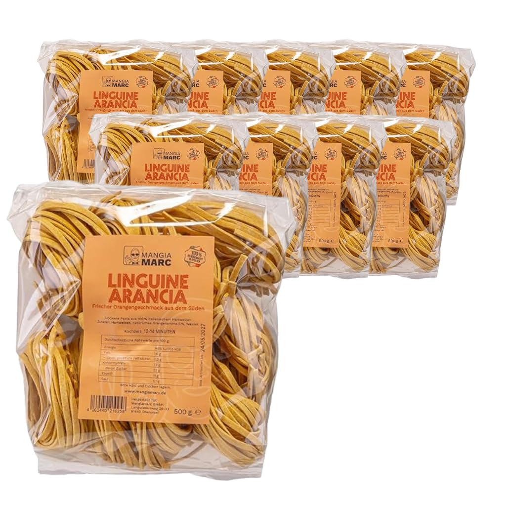 MangiaMarc Linguine all’Arancia 10er Pack – Italienische Pasta mit natürlichem Orangenaroma – 10×500g Premium Hartweizen – Trockene Pasta Vorratspackung