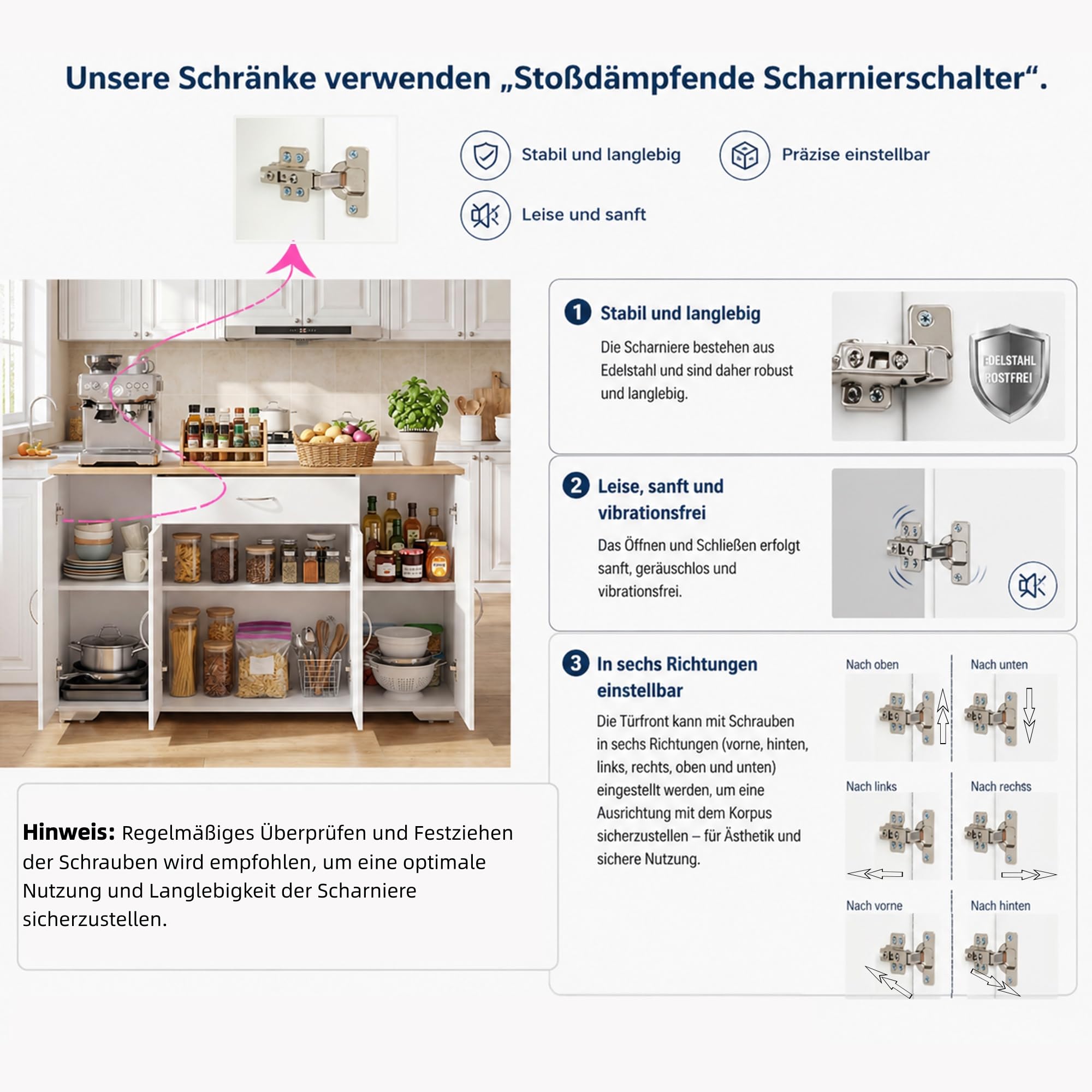 Küchenunterschrank mit Schublade und Türen, Moderner Küchenschrank Unterschrank Stauraum Schrank Sideboard Mehrzweckschrank Küchenmöbel Aufbewahrungsschrank für Küche/Esszimmer/110x30x70CM/Weiß