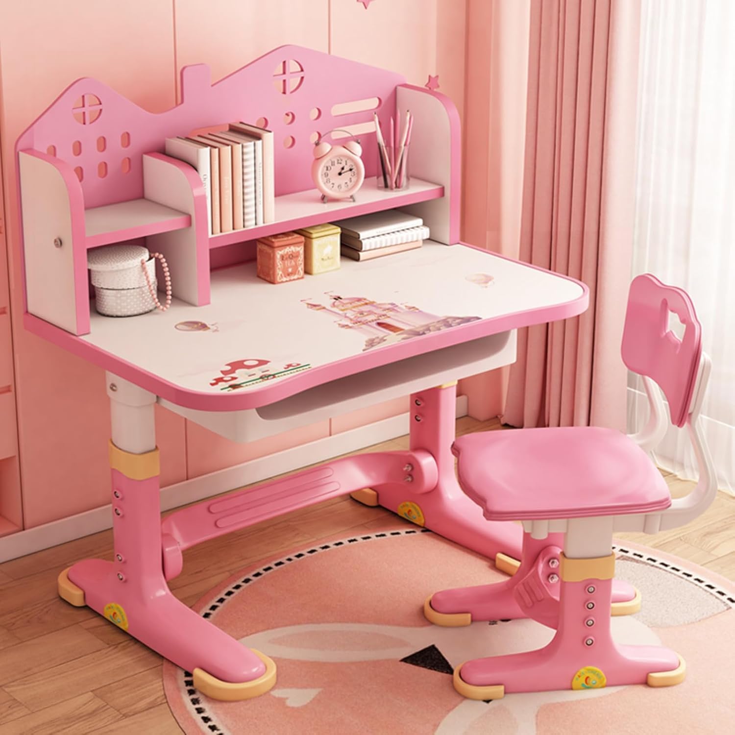 Kids Study Table and Chair Set, Adjustable Art Desk Girls Desk for Bedroom, Study Table with Large Writing Board Bookshelf and Drawer