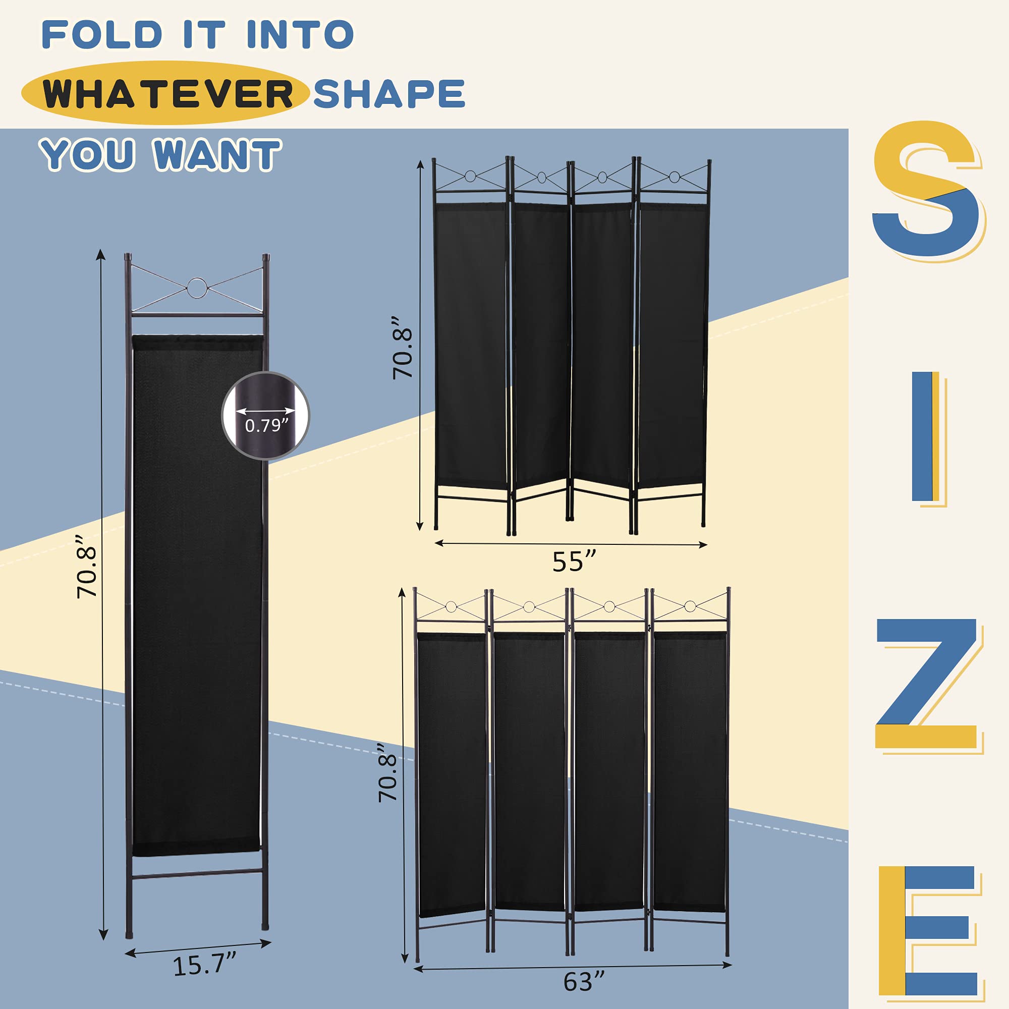 JAXSUNNY 4 Panel Fabric Room Divider Screen, Freestanding Partition