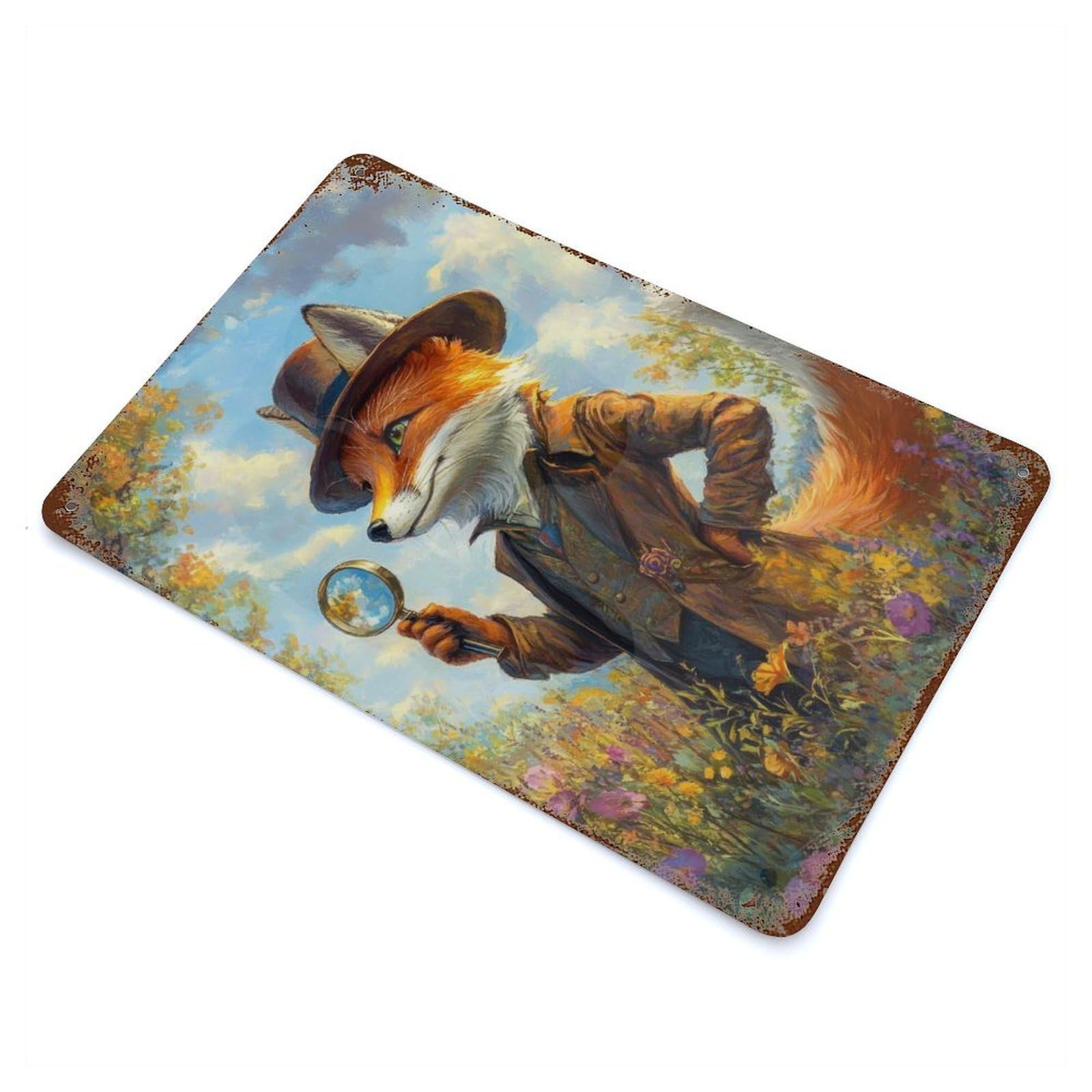 Garage Style Fox Detective Rusty Metal Tin Sign 11.8"x7.9", Farmhouse Wall Decor for Bar And Workshop