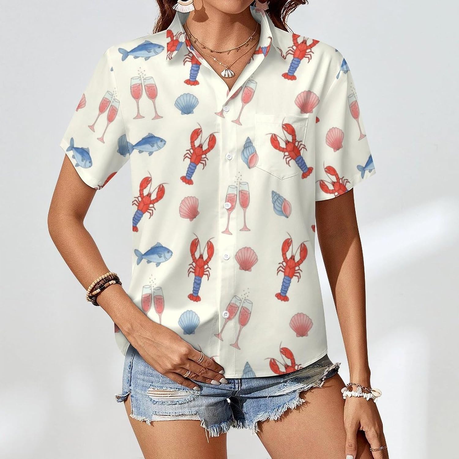 Women's Button Down Shirt Wrinkle Free Short Sleeve Casual Blouse Pocket Loose Fit for Office Vacation