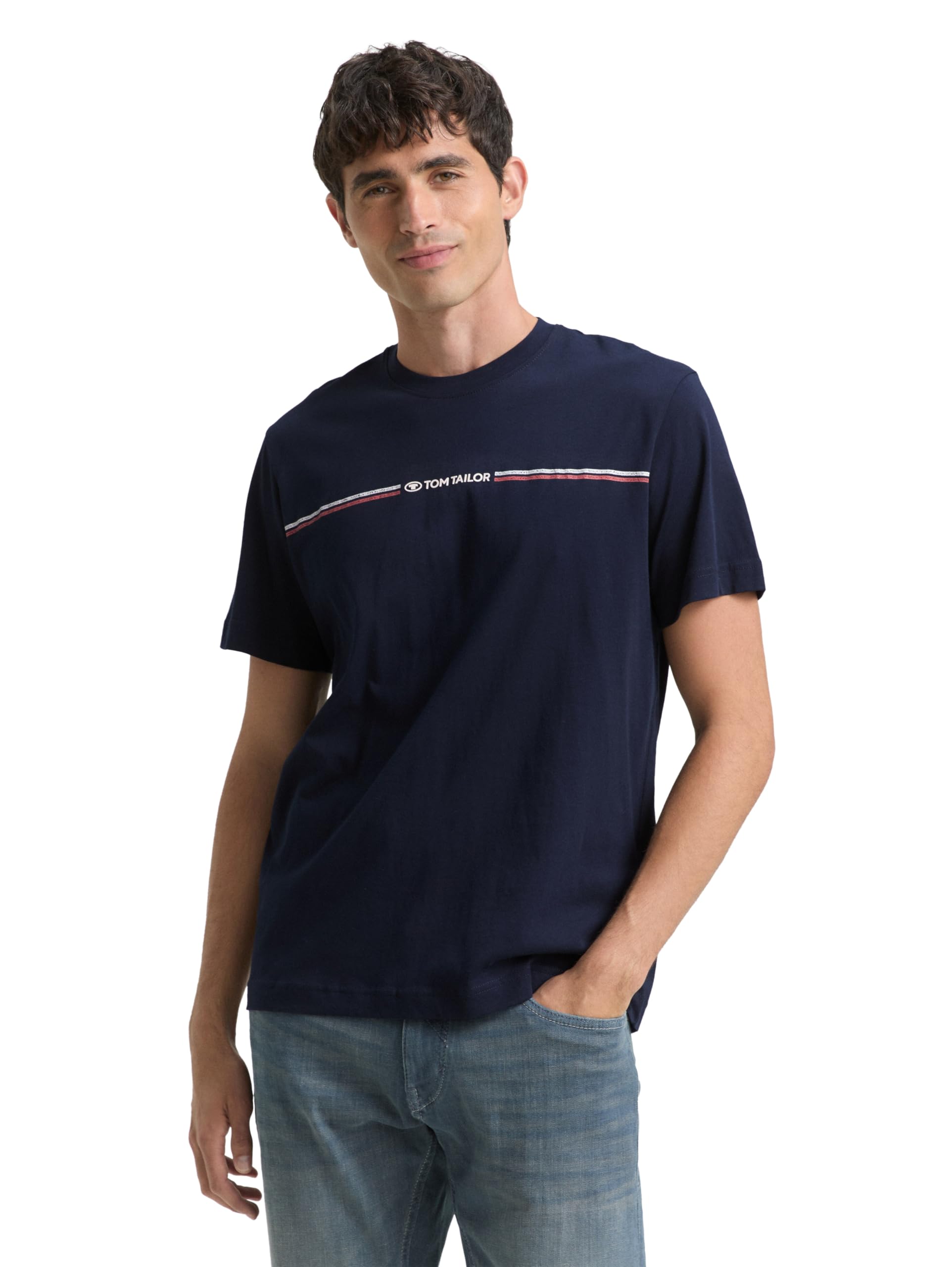 TOM TAILOR Herren T-Shirt mit Streifen-Print & Logo, 10668 - Sky Captain Blue, XXXL