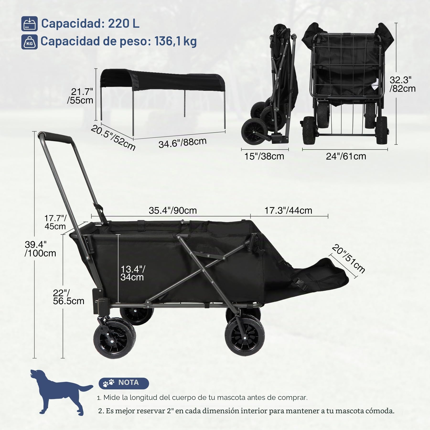 REDCAMP Carrito plegable para perros con techo extensible, 136 kg de capacidad, ruedas todoterreno con frenos, para camping y jardín al aire libre, tela Oxford 600D
