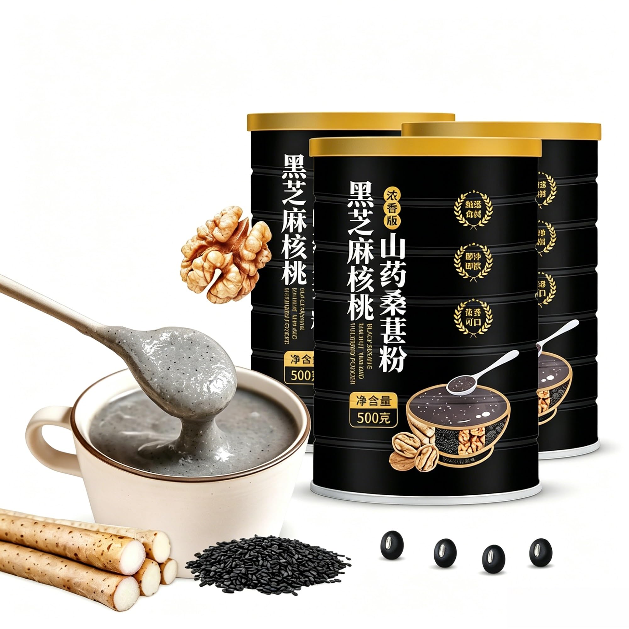 Polvo de sésamo negro, nuez, ñame y mora | Reemplazo instantáneo de comida for el desayuno, mezcla de batidos for la nutrición diaria(3pcs)