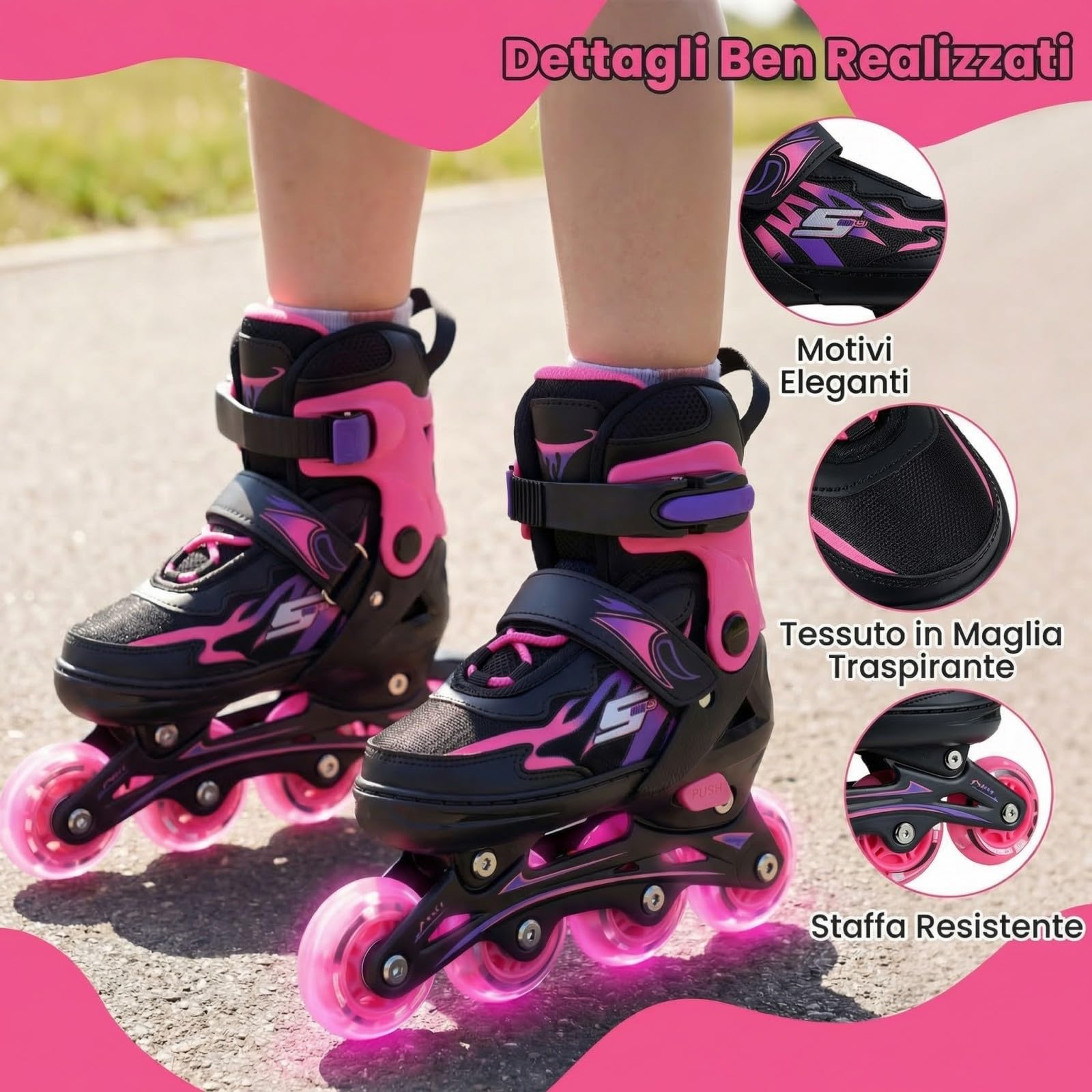 COSTWAY Pattini in Linea a 4 Ruote per Bambini Regolabili 4 Taglie con Luci e Protezione 5-14 Anni