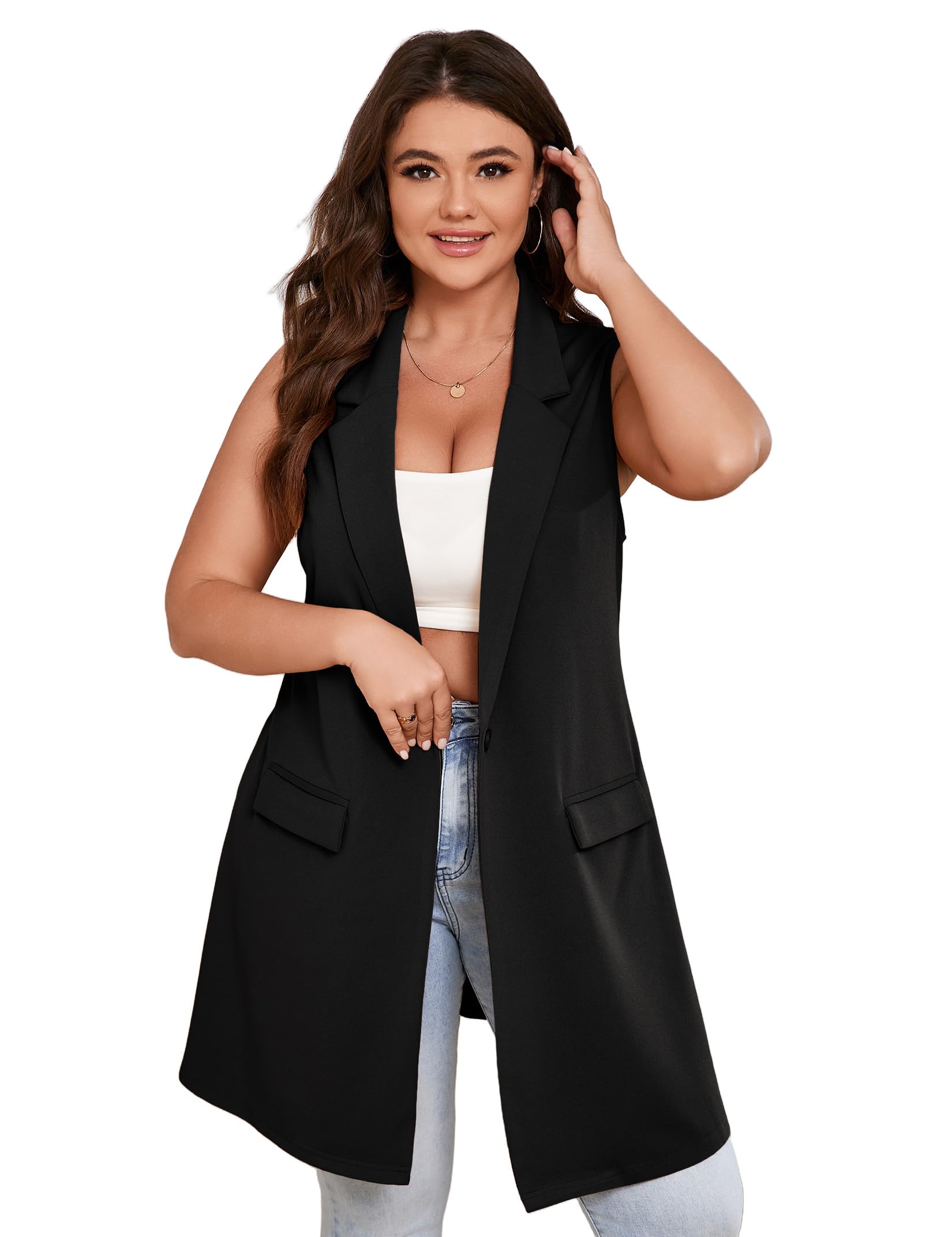ShopWonder Womens Plus Size Sleeveless Blazer Lapel Single Button Casual Work Office Jacket Vests with Pockets