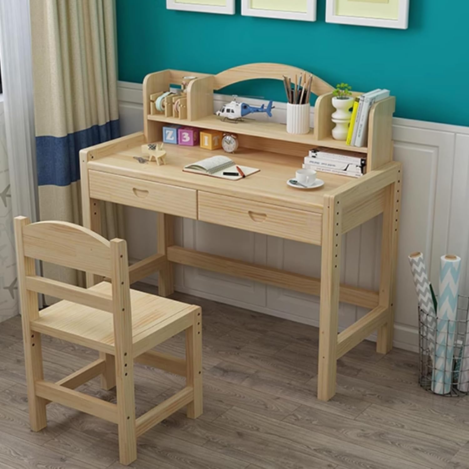 Children's Study Table and Chair Set Student Reading Writing Painting Table Home Office Desk with Bookshelf Pine Wood Material No Paint(100x50x75cm)