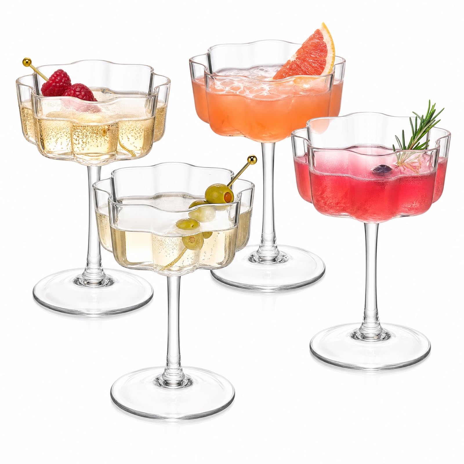 Juego de 4 copas de champán onduladas con diseño de pétalos ondulados vintage festoneados de flores, 7 onzas, martini, champán y cócteles, juego de 4 copas de champán onduladas transparentes, elegante