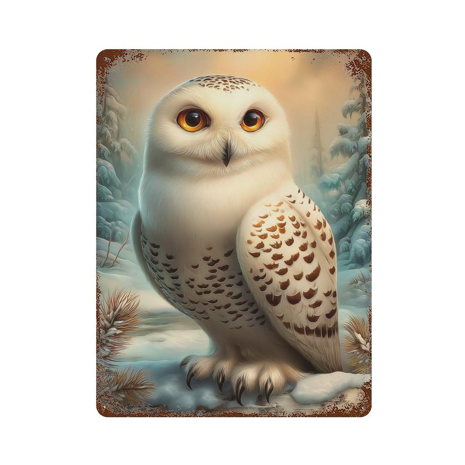 Snowy Owl in Winter Scene 15.7"x11.8" Vintage Metal Tin Sign, Retro Wall Decor for Basement, Hobby Room And Garage Decor