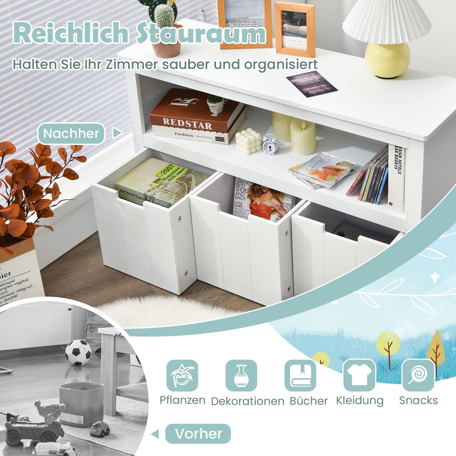 DREAMADE Spielzeug Regal, Kinderzimmer Möbel (3 Schubladen, Weißes Top)
