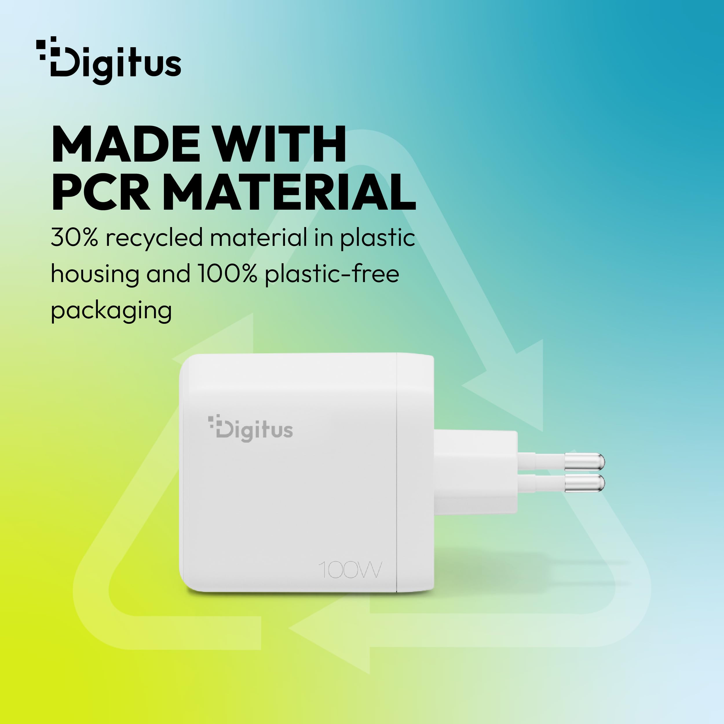 DIGITUS Cargador USB-C GAN II – 100 W – 2X USB-C, 1x Tipo A – 3 Puertos