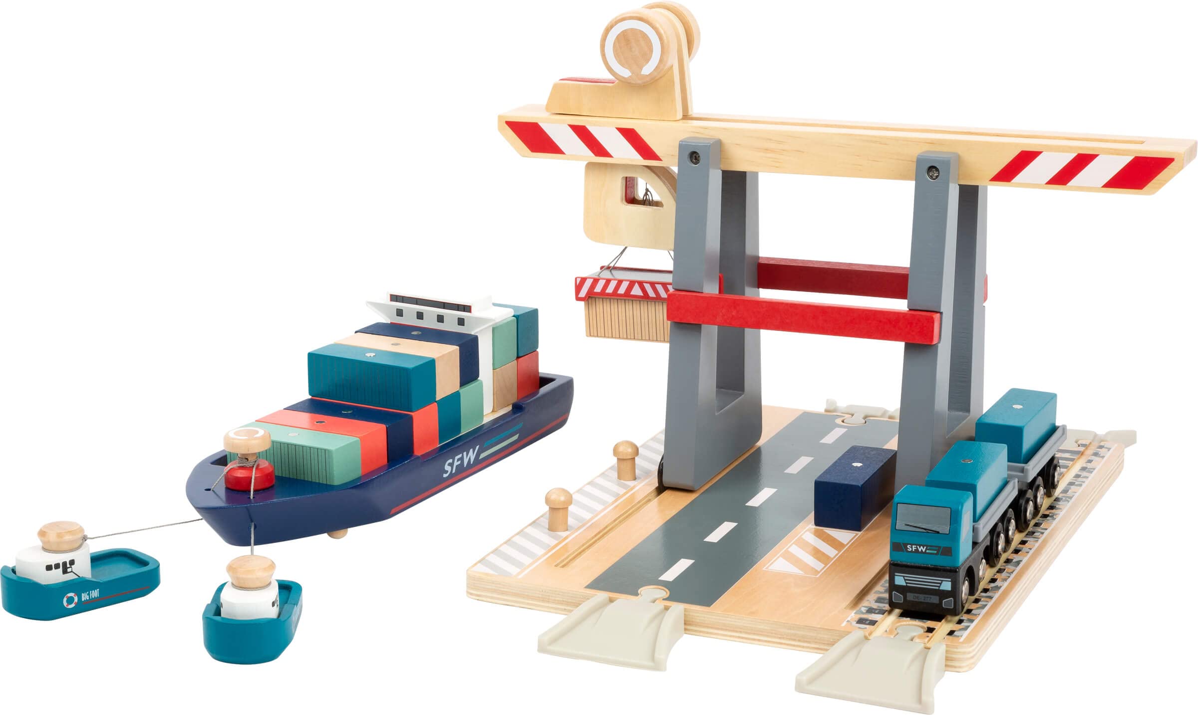 Small Foot Company- Terminal, Madera, con Puente móvil, Barco y contenedores, a Partir de 3 años de Edad Juguetes, Multicolor (11378)