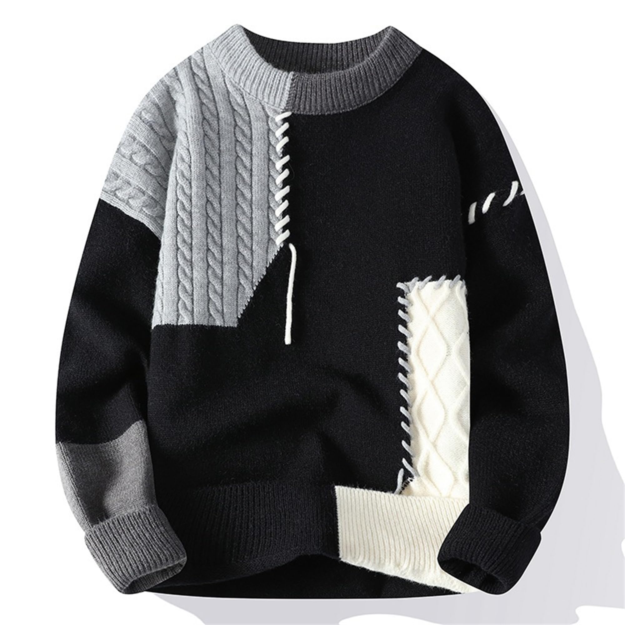 SAGGION Mens Sweaters Patchwork Pullovers Streetwear Pullover Casual Oversized Knitted Sweater Loose Casual Knit Jumper Gray