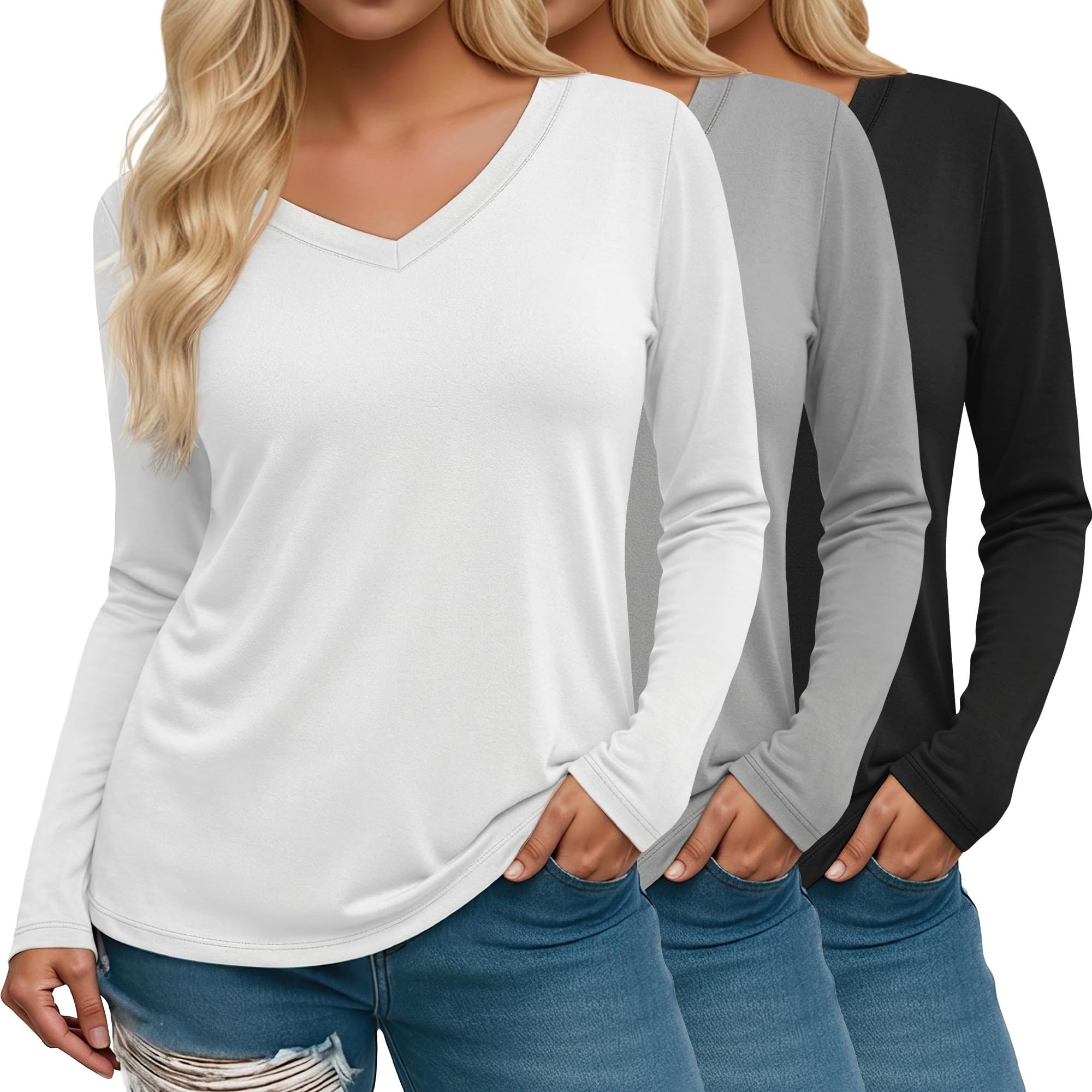 Riyiper Set da 3 Top Donna Plus Size | Scollo a V, maglia a maniche lunghe, vestibilità ampia, casual, basic, elegante tunica, biancheria intima