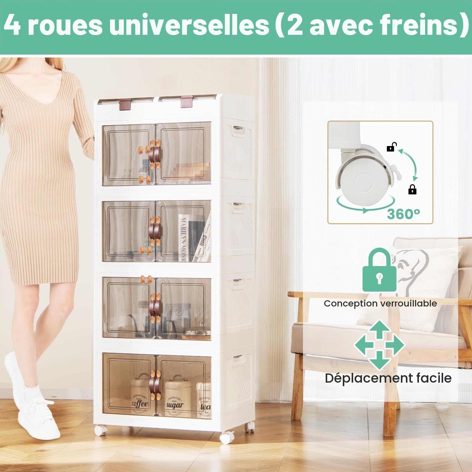 KOMFOTTEU Caisson Rangement Plastique Pliable & Mobile, 4 Niveaux