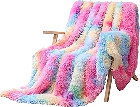 KANKAEU Long Hair Blanket, Fluffy Reversible Blankets for Maximum Soft Comfort, White Hair 220 x 240 cm, Easy to Care, Ideal as a Winter Blanket or Gift (Rainbow, 160 x 200 cm)