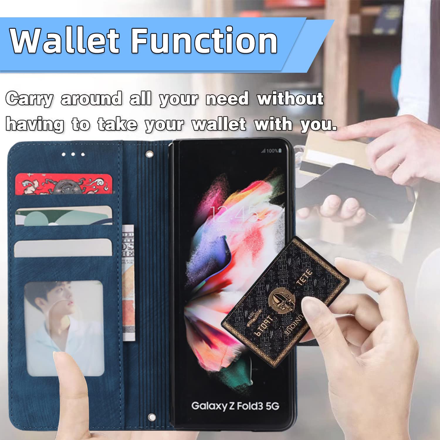 Amazon.com: FunnyWin 三星Galaxy Z Fold 6 保護套皮革錢包,附S 筆夾卡槽支架TPU 前保險桿Z 折疊6 錢包保護套 ,防震全身翻蓋皮革保護套,適合女性男性(藍色) : 手機和配件