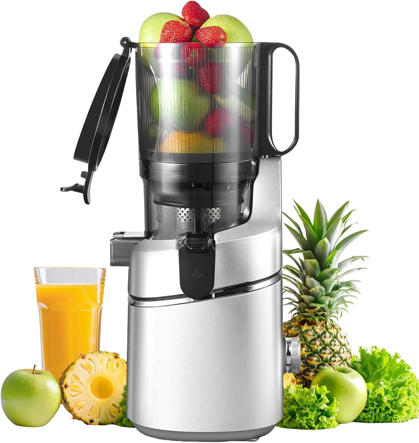 Juicer Machines, AMZCHEF 5.3-Inch Self-Feeding Masticating Juicer Fit Whole Fruits & Vegetables, Cold Press Electric Juicer Machines with High Juice Yield, Easy Cleaning, BPA Free, 250W-Silver