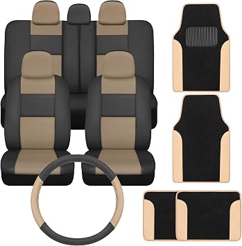 PU Leather Car Seat Covers w/Two-Tone Carpet/Vinyl Trim Car Floor Mats Front and Back Split Bench Seat Covers, Steering Wheel Cover, Floor MatsBlack/Beige