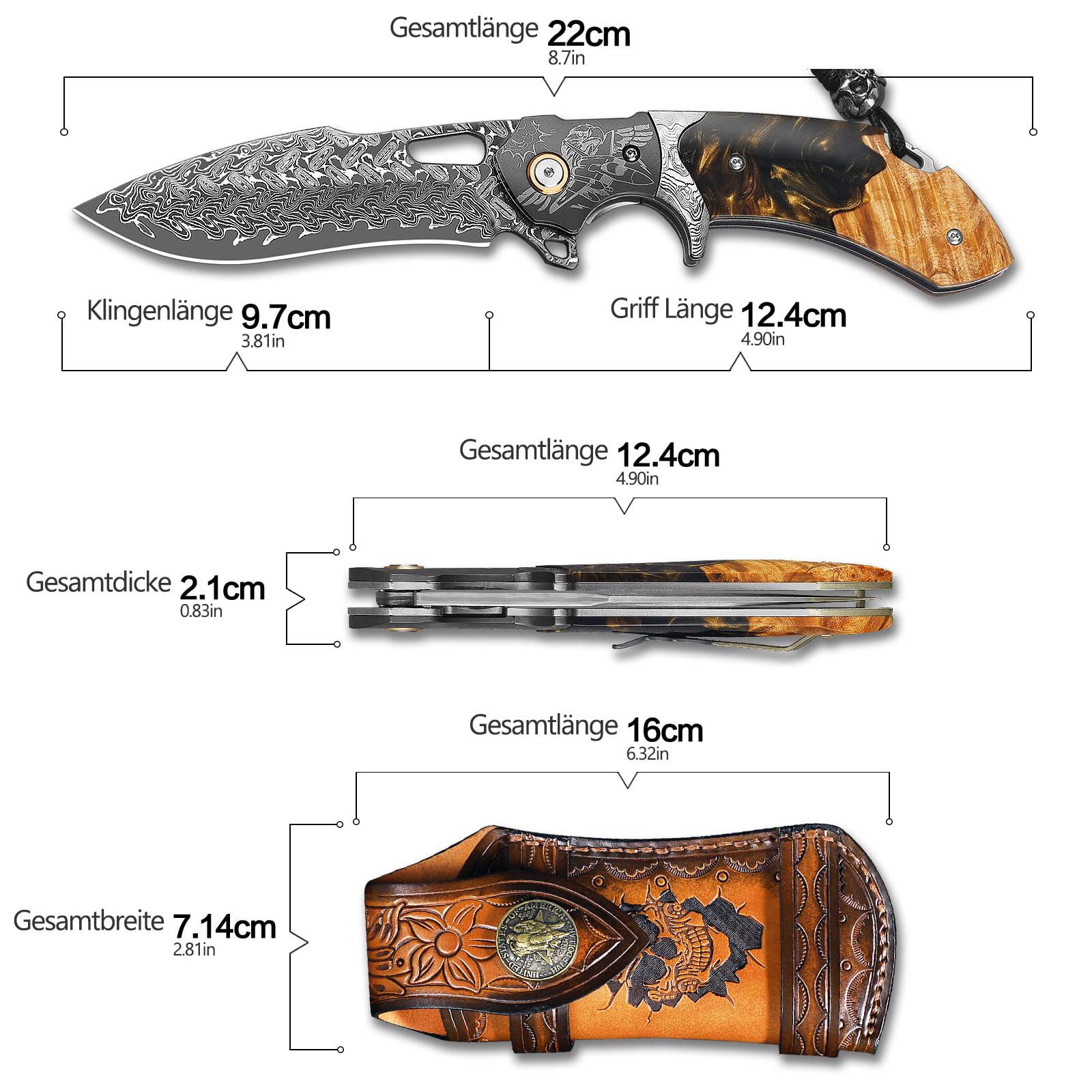 Handgefertigtes Klappmesser aus Damaszenerstahl, Taschenmesser für Herren, mit Lederscheide und Gürtelclip, Griff aus Ahorn mit Harzbeschichtung, ideal für Outdoor-Aktivitäten wie Wandern und Camping