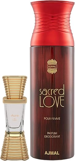 Ajmal Aura Concentrated Perfume Oil Floral Fruity Alcohol-free Attar 10ml for Unisex and Sacred Love Deodorant Floral Musky Fragrance 200ml for Women FREE