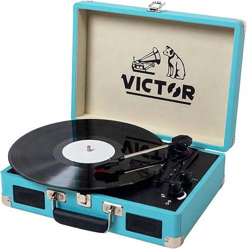 Miniatura 4 de VICTOR Metro - Tocadiscos portátil de maleta de 3 velocidades con doble entrada y salida Bluetooth y altavoces estéreo integrados, turquesa