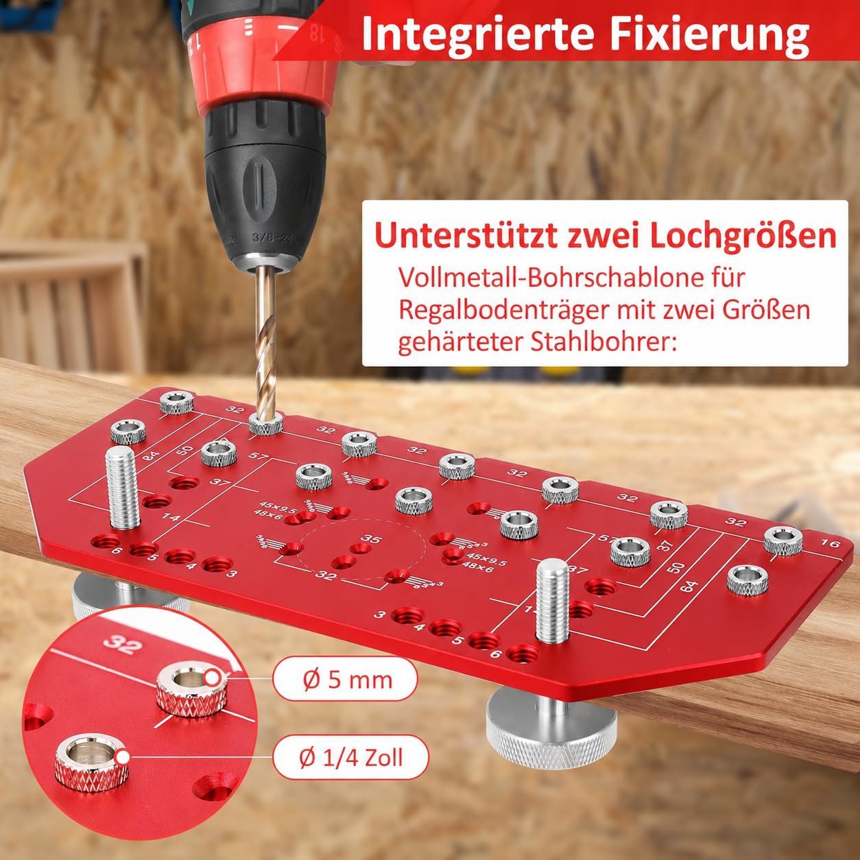 2-in-1 Topfband-Bohrschablone für 35 mm Scharniere & 32 mm Lochreihe | Möbel-Bohrlehre aus Aluminium für präzise Bohrungen an Schranktüren, Topfscharnieren, Lochreihen & Möbelmontage