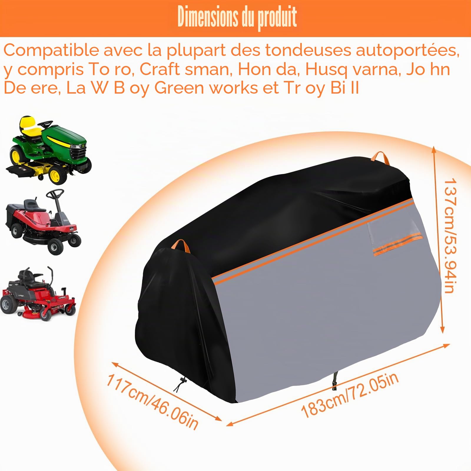 Housse de tracteur à gazon 600D - 183 x 137 x 117 cm - Imperméable à l'eau - Résistante à la poussière et aux UV - Avec cordons de serrage et sac de protection pour toutes les saisons/intempéries