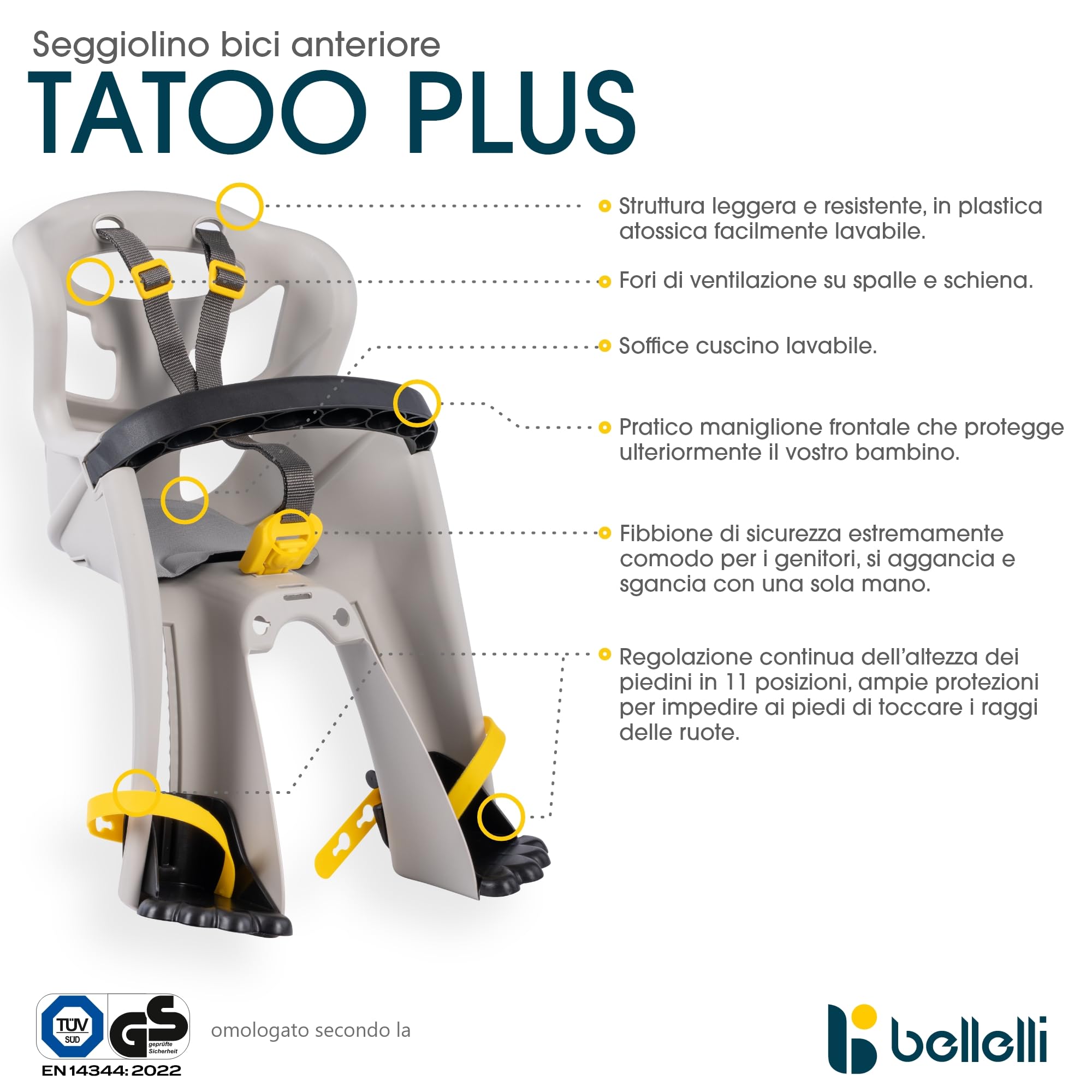Bellelli | Tatoo Plus - Seggiolino Anteriore per Bicicletta - per Bambini Fino a 15 kg, da 9 Mesi a 3 Anni - Si Fissa al Manubrio - Colore Silk Grey