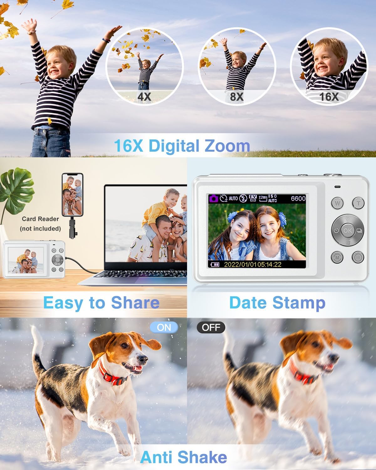 Appareil Photo Numérique, FHD 1080P Autofocus 44MP Appareil Photo Enfant avec Carte 32GB, Zoom 16X, Anti-Shake, ​​2 Batteries, Appareil Photo Compact pour Enfants Adultes ​​Débutants​ (Blanc)