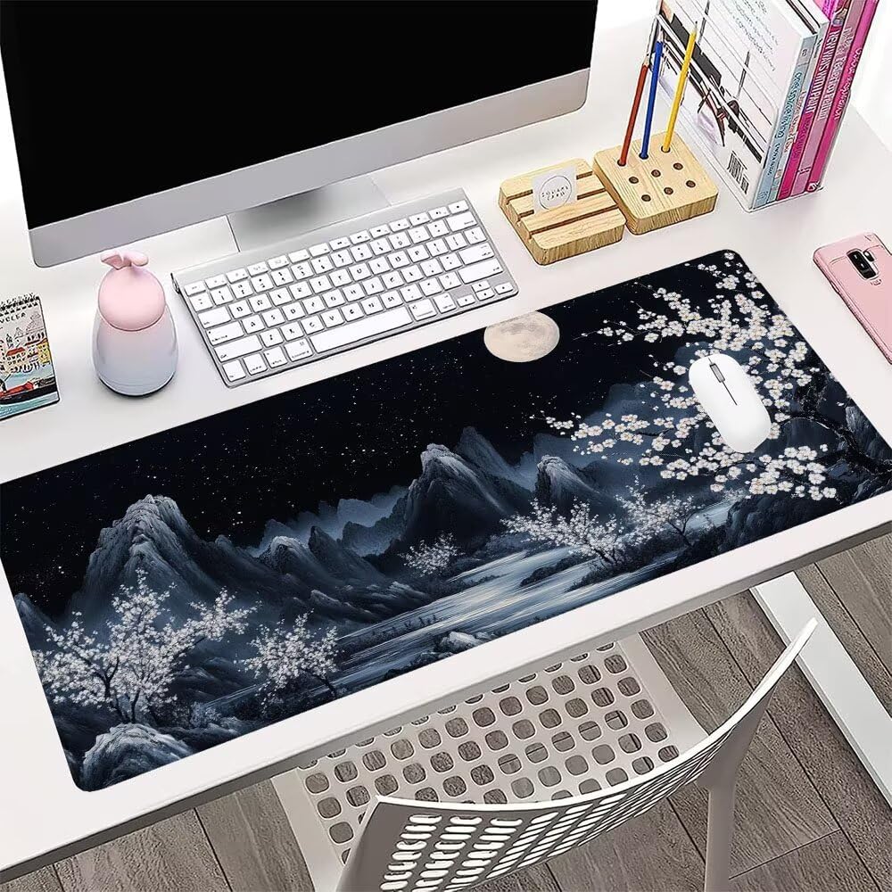 Tappetino Mouse Gaming xxl Accessori Scrivania Ufficio Nero Luna Grande Tappetino Mouse e Tastiera Sottomano da Scrivania, Gaming Accessori pc 1200x600x3mm Base Antiscivolo, per PC Gamer Laptop d-528
