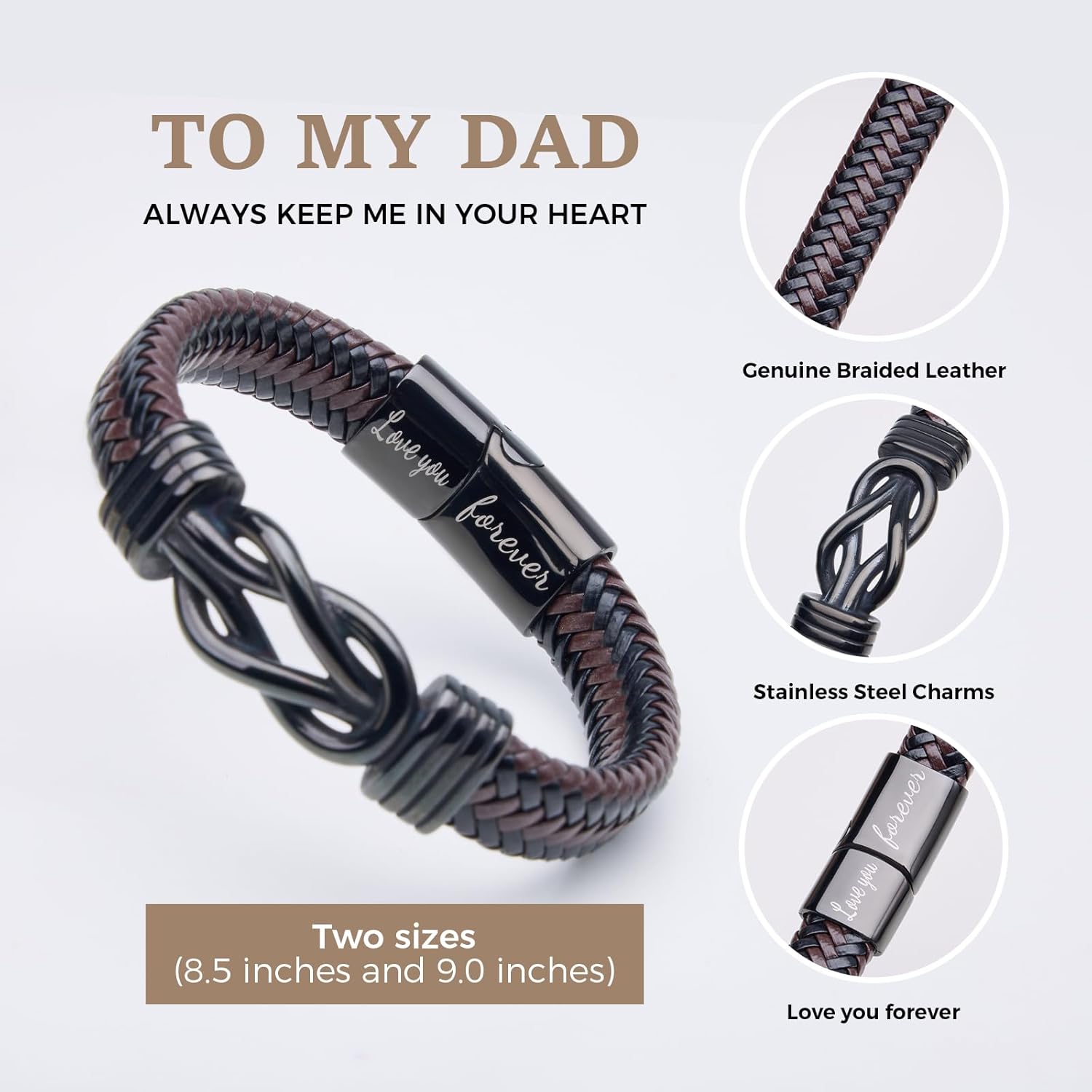 Christmas Gift For Dad From Daughter - Kont Bracelets For Men Lettering Love You Forever Brown Braided Leather Stainless Steel Infinity Bracelets Dad Birthday Gifts From Daughter - Image 3