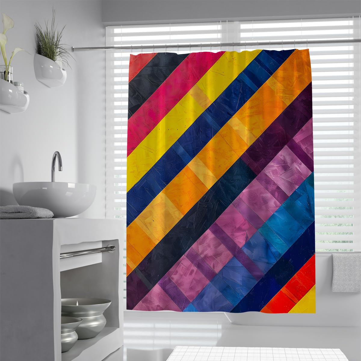 UIRINGART Colorful Diagonal Stripes Bath Curtains W150xL200cm Abstract Vibrant Rainbow Geometric Pattern Fabric Shower Curtain Water Resistant Mildew Proof Bathtub Wet Room with Hooks