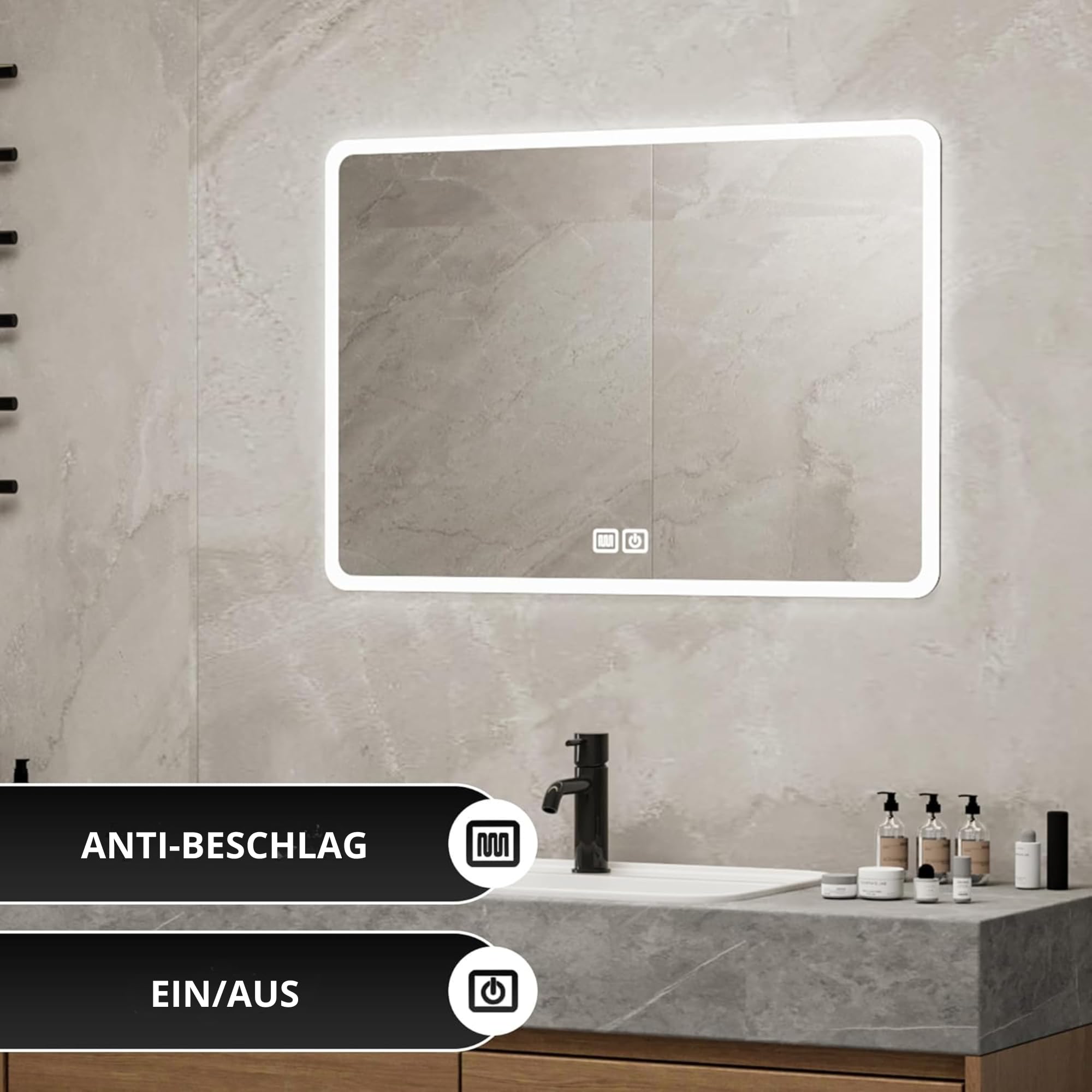 Bayt LED Badspiegel mit Beleuchtung 52x75cm - 3 Farb dimmbarer LED Badspiegel | Anti-Beschlag Illuminierter Wandspiegel | Moderner rechteckiger Wandspiegel für das Badezimmer