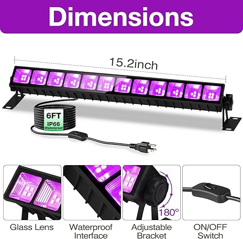 Miniatura 5 de Luz negra de 45 W, barra de luz negra LED con cable de 6.6 pies, brilla en la oscuridad de 28 x 28 pies, para fiesta brillante, decoración de neón,