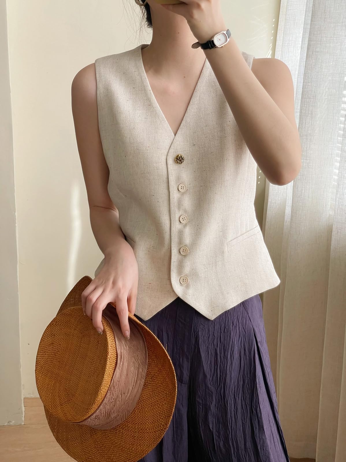 Chaleco de lino para mujer, cuello en V, de un solo pecho, elegante chaleco de negocios, top