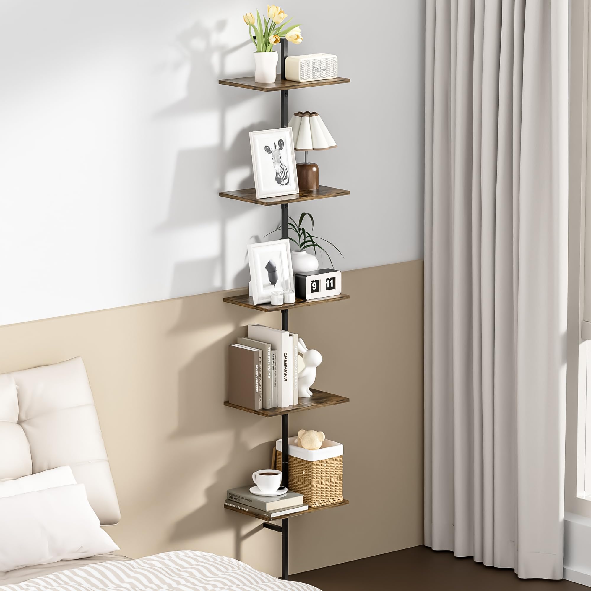 Scaffale a scala, libreria a 5 ripiani in legno a parete con struttura in metallo, organizer aperto vintage, scaffale a scala per soggiorno, camera da letto, ufficio domestico, marrone rustico