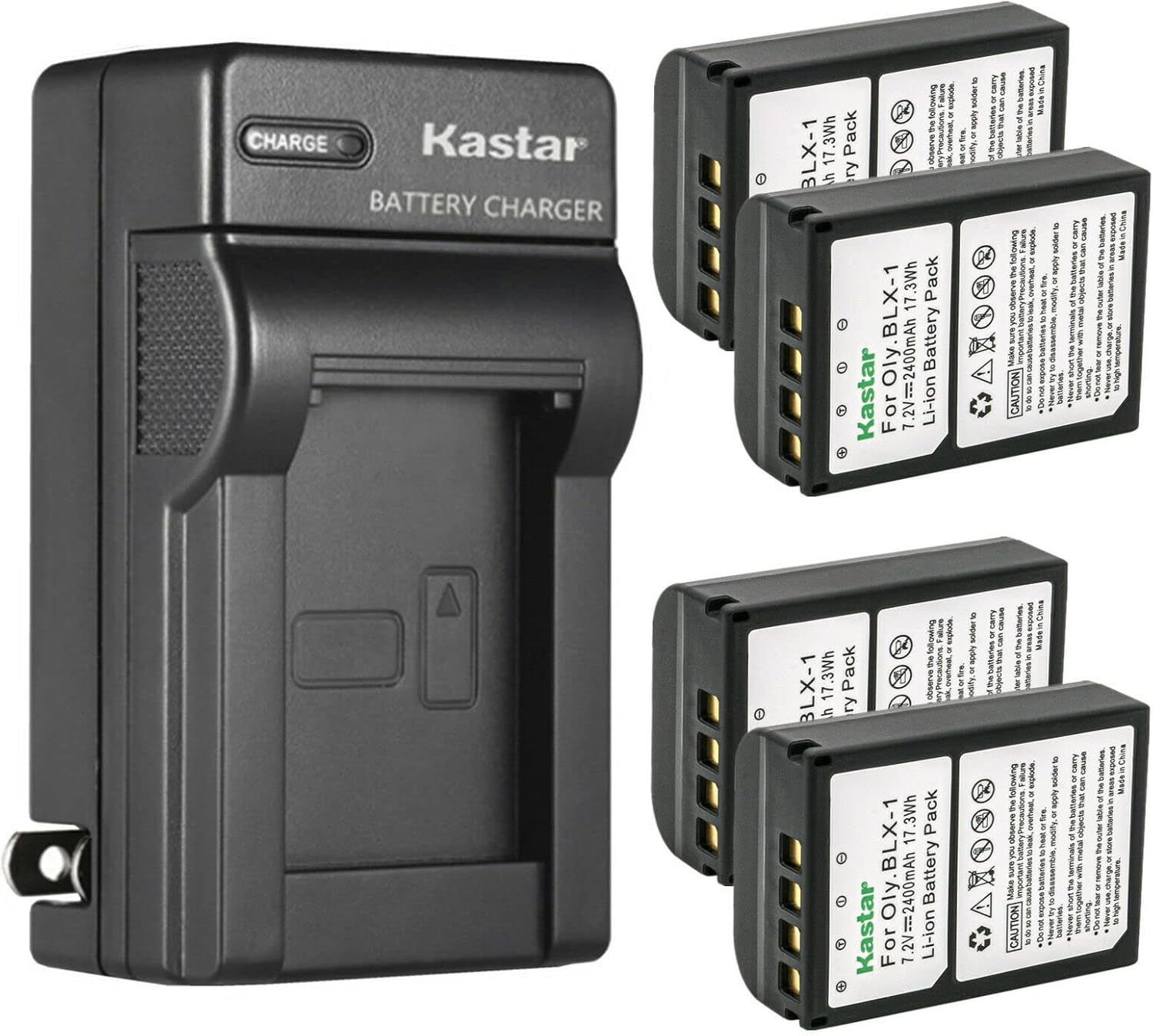 Kastar 4-Pack BLX1 Battery and AC Wall Charger Replacement for Olympus OM System BLX-1 Lithium-Ion Battery, Olympus OM System BCX-1 Battery Charger, Olympus OM System OM-1 Mirrorless Camera