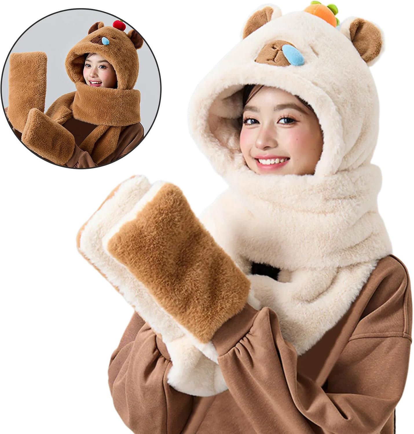 Furry Cartoon Capybaras Hat with Scarf Gloves Set Thicken Furry Hat Oversized Headgear Hat for Winter Commute