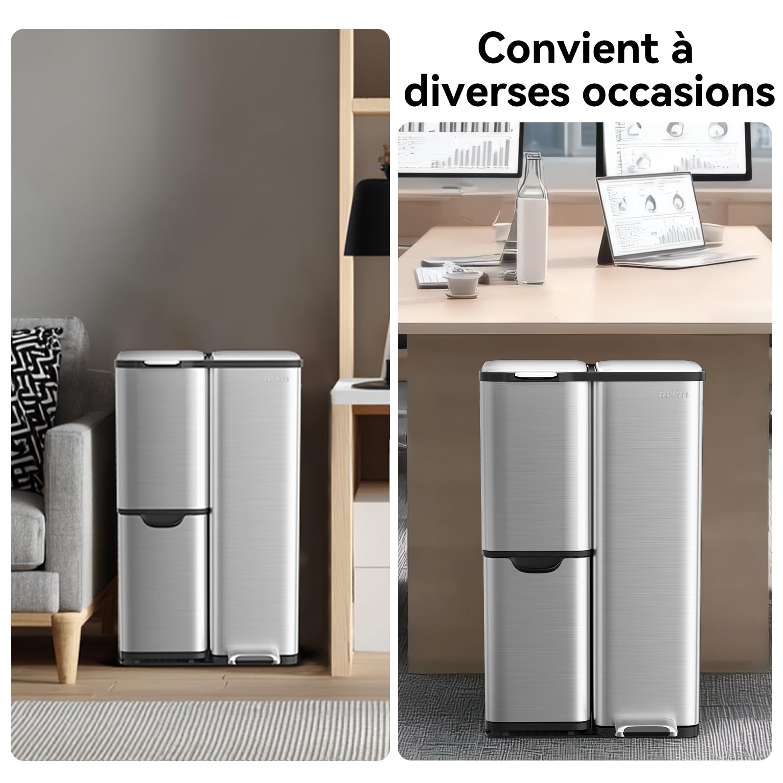 mVm Poubelle de Cuisine Triple,Poubelle de Tri,Corbeille à Pédale,3 Compartiments,60 Liter(13+17+30L) Déchets,Acier,Couvercles à Fermeture en Douceur,Pédales,Seaux Intérieurs