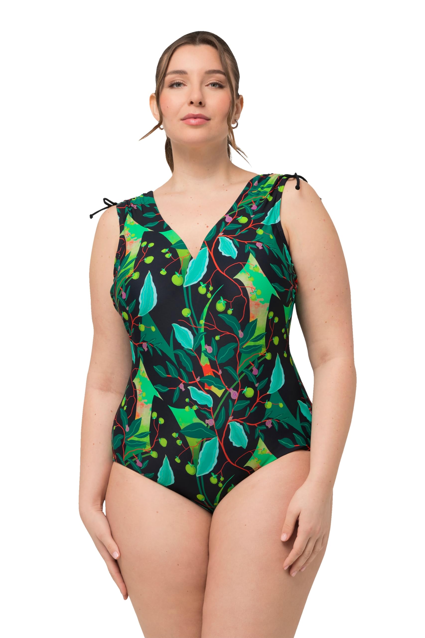 Ulla Popken Damen große Größen Übergrößen Plus Size Badeanzug, Blätter, Geraffte Schulter, Softcups 826455