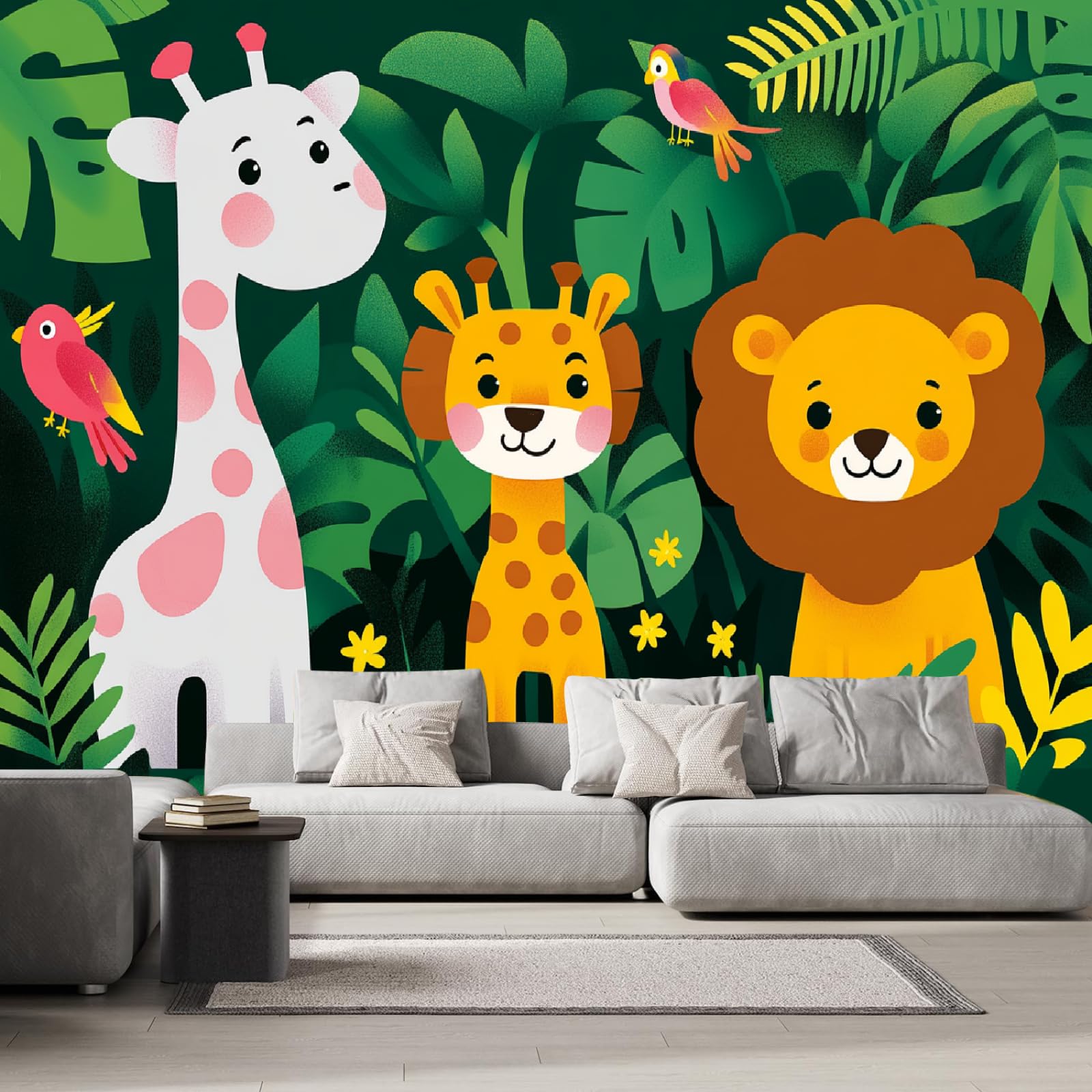 Mural de pared Jirafa León Papel pintado fotográfico grande Plantas De La Jungla Vinilos murales impermeables para dormitorio infantil guardería decoración de fiesta 200x140cm