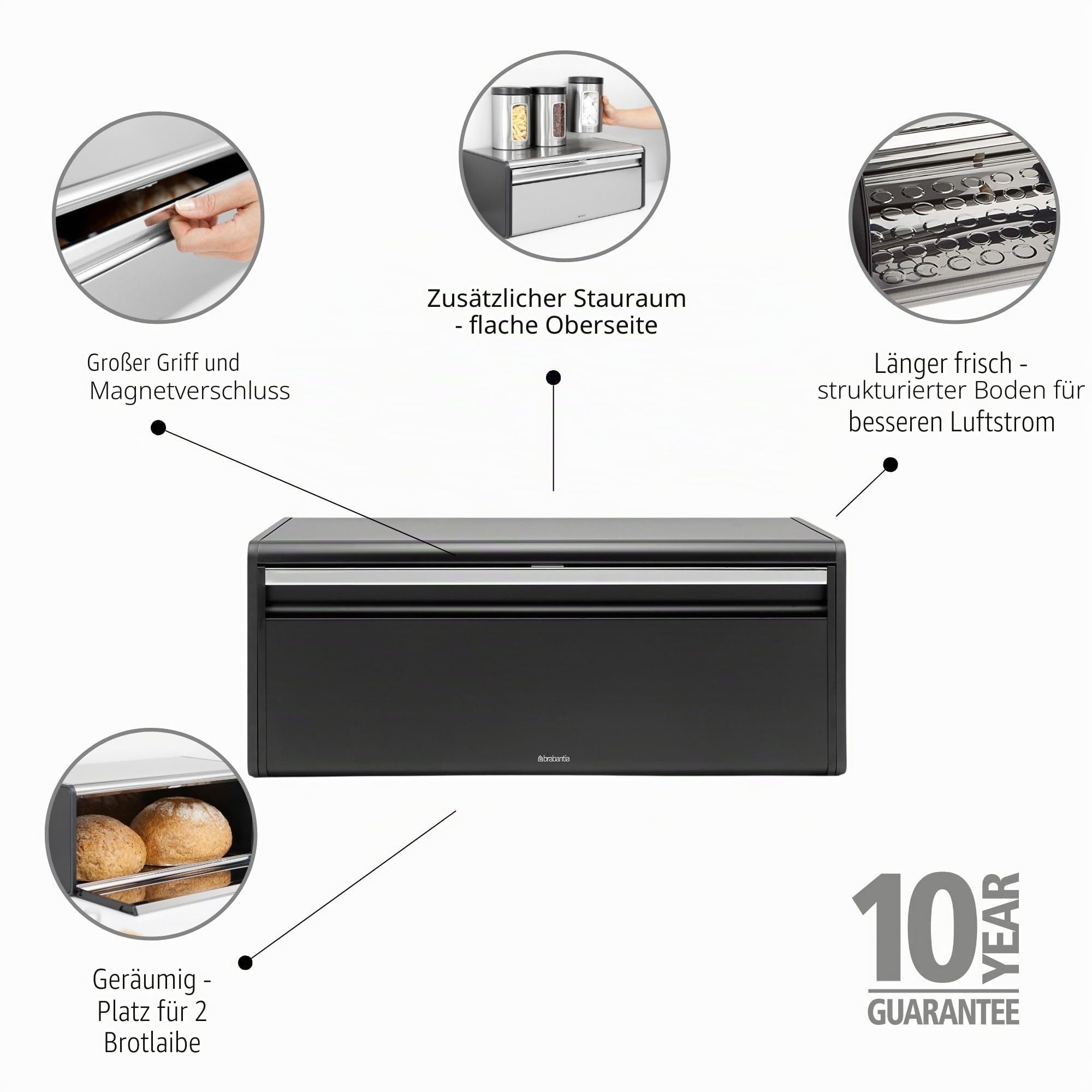Brabantia Klappbrotkasten - Große Aufbewahrungsbox für Brot, Bagels, Brötchen - Platzsparendes Design mit flacher Oberseite - Zur Wandmontage geeignet - Mattschwarz