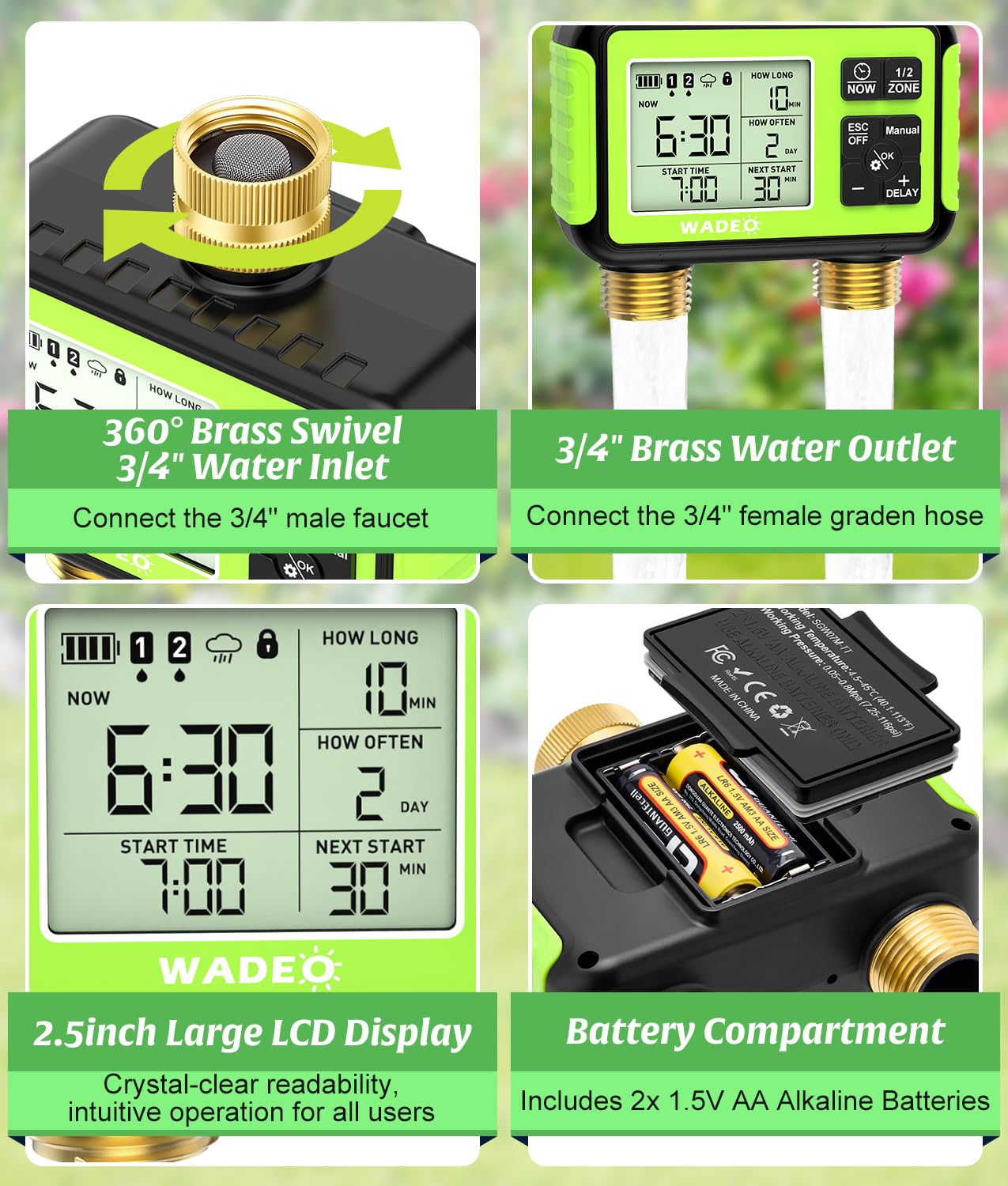 Timer irrigatore con uscita di ingresso in ottone per tubo da giardino, timer per tubo dell'acqua da esterno a 2 zone con ritardo della pioggia/auto/manuale/blocco bambini, controller di irrigazione a