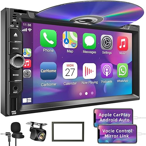 Miniatura 1 de Estéreo de auto de doble DIN con reproductor de CDDVD, CarPlay y Android Auto, audio para automóvil con Bluetooth 5.2, pantalla táctil HD de 7