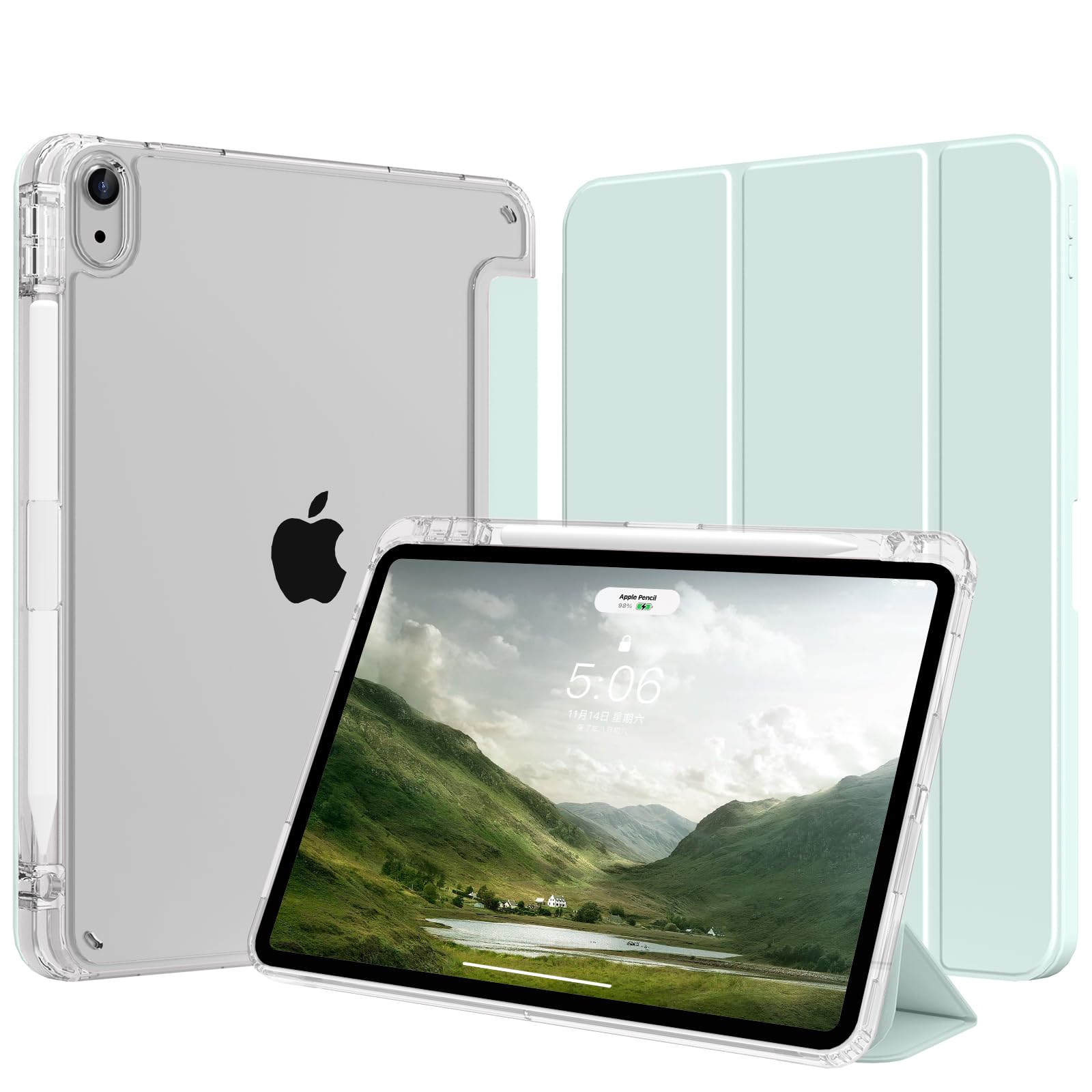 SZPSGC Hülle für iPad (A16) 11. Generation 11 Zoll 2025, iPad 10. Generation 10,9 Zoll 2022 mit Stifthalter, Schlank Leicht Trifold Schutzhülle mit Hart PC Transluzenter Rückseite, Hellgrün