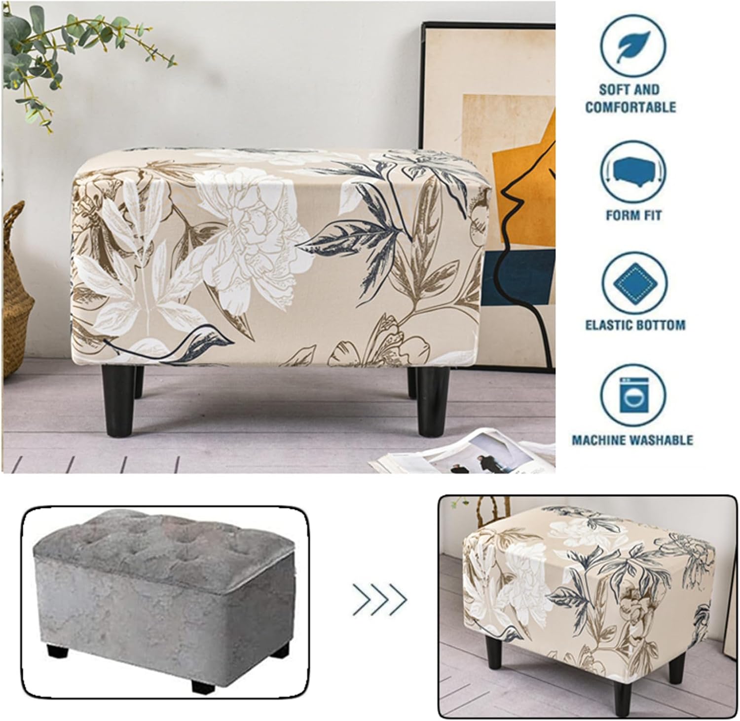 Ottoman Cover, Stretch Ottoman Slipcover, Rectangle Dustproof Pouffe Cover, Chair Cover Furniture Protector, Detachable Stool Cover(Flower Shadow)