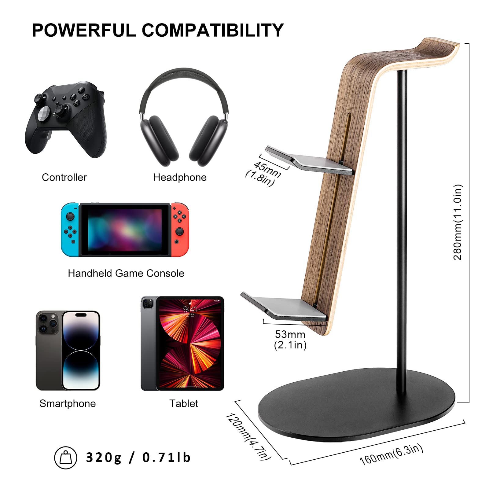 Uchwyt na Kontroler i Zestaw Słuchawkowy, Aluminiowy i Drewniany Stojak do PS5 PS4 Xbox One Nintendo Switch, Uniwersalne Akcesoria do Gier Biurkowych